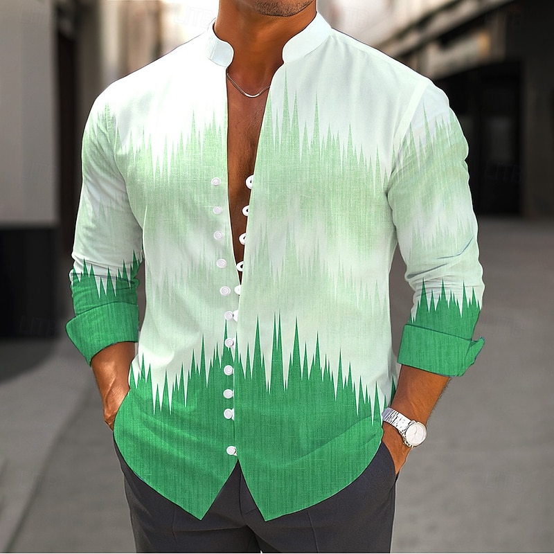Men's Textured Gradient Color Shirt Stand Collar Shirt Long Sleeve Casual Vacation Daily Wear Going out Spring Fall Mandarin Collar Band Collar Button-Down Linen Like Shirt Blue Brown Green3