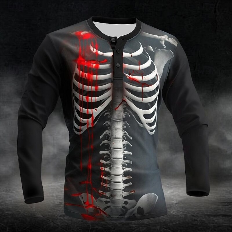 Men's Halloween Graphic Skeleton Blood stains Henley Shirt Long Sleeve Fashion Cute Daily Halloween Casual Holiday Fall Spring &  Fall Black Henley Henley T-Shirt