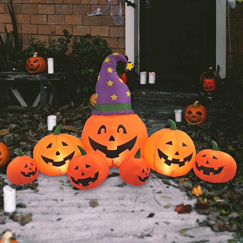 1 Pc 2.45M with witch hat shining 7 pumpkin inflatable models Halloween indoor and outdoor party decoration atmosphere lights US/AU/UK/EU Plug2