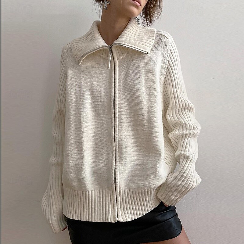Women's Sweater Cardigan Fashion Streetwear Daily Solid Color Ribbed Turtleneck Zipper Knitted Long Sleeve Long Tops Knit Holiday Going out Weekend White Fall Winter2