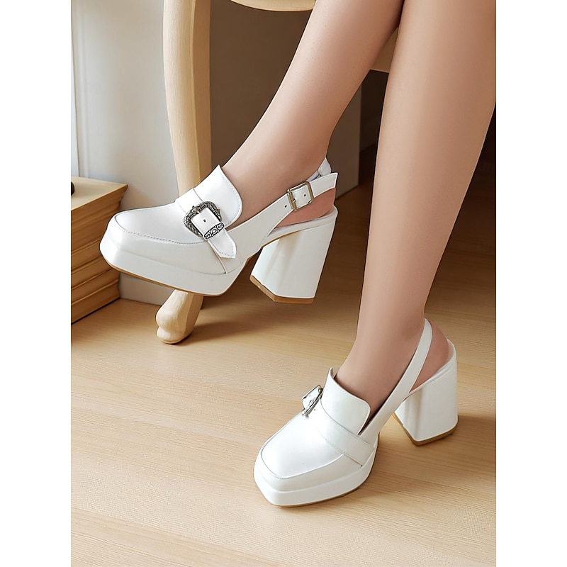 Women's Black Slingback Platform Loafers - Chunky Heel Dress Shoes with Western Buckle for Office, Parties, and Vintage-Inspired Outfits4