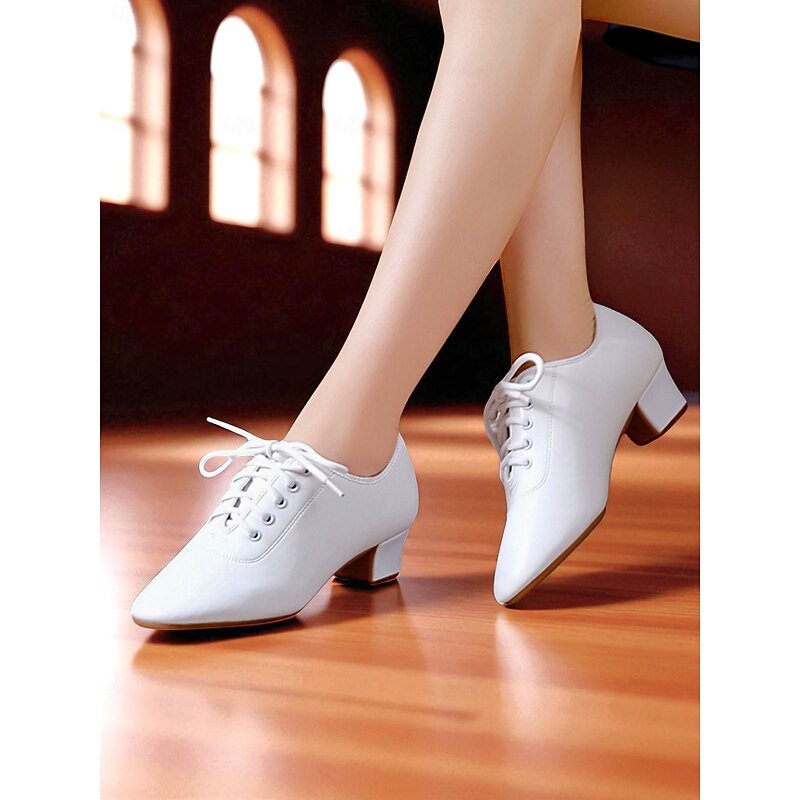 Women's White Lace-Up Dance Shoes - Low Heel Professional Practice Footwear for Ballroom, Latin and Jazz Training3