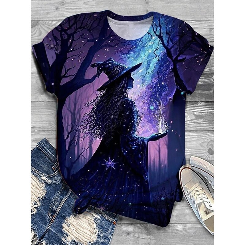Halloween Women's T shirt Witch Graphic Vintage Stylish Classic Short Sleeve Crew Neck Round Neck Regular Tops Daily Weekend Print Light Brown Dusty Blue Purple Orange Brown Summer Spring2
