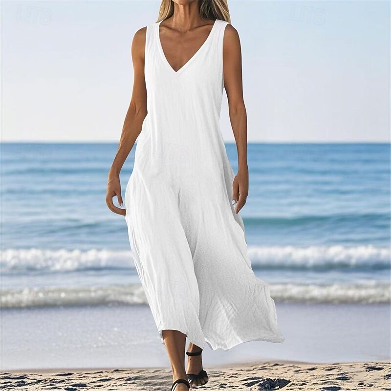 Women's Long Dress Maxi Dress Casual Dress Summer Dress Fashion Modern Daily Beach Weekend Regular Fit Plain Sleeveless V Neck White Blue Apricot Spring Fall3