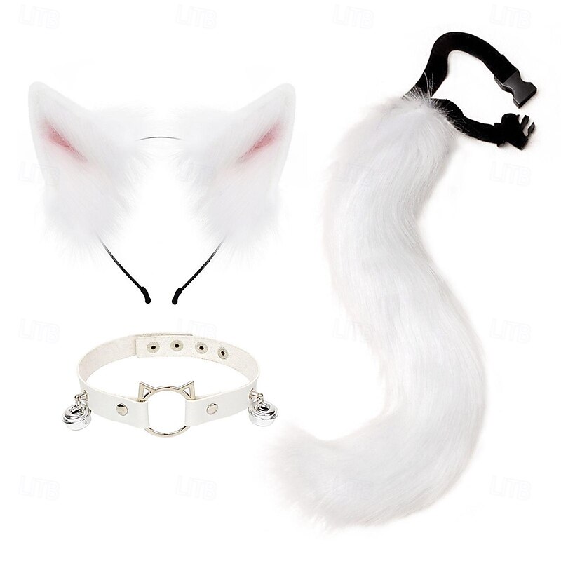 Cute Cat Ears Headband with Furry Tail and Collar Set – Animal Cosplay Accessories, Cat Girl Costume for Halloween, Party, and Performance2