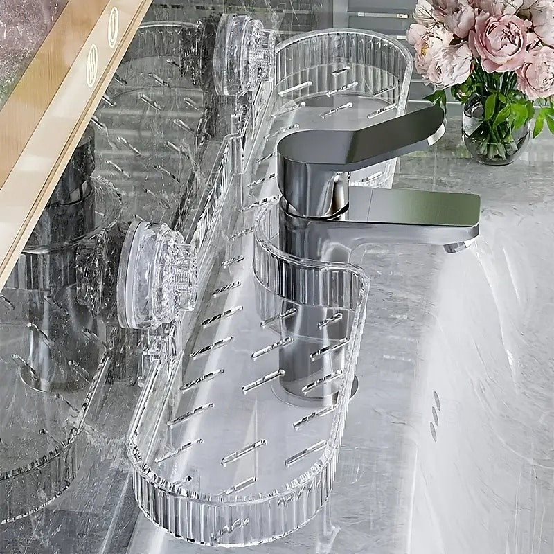 Clear Plastic Wall-Mounted Bathroom Organizer Shelf with Suction Cups No-Drill Removable Design Under-Sink Shelf Perfect for Vanity, Shower & Bathroom Essentials, Bathroom Organizers4