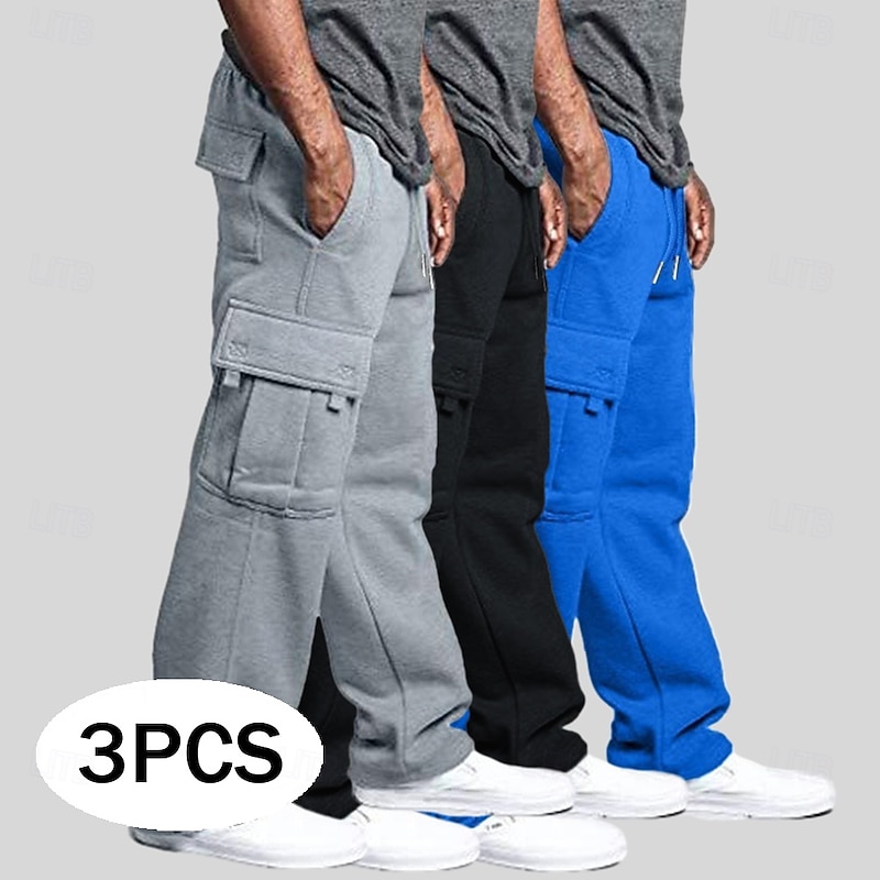 Men's Cargo Pants Sweatpants Fleece Pants Joggers Trousers Drawstring Elastic Waist Multi Pocket Solid Color Windproof Outdoor Knee Length Outdoor Casual Daily Fashion Streetwear Black+White+Light