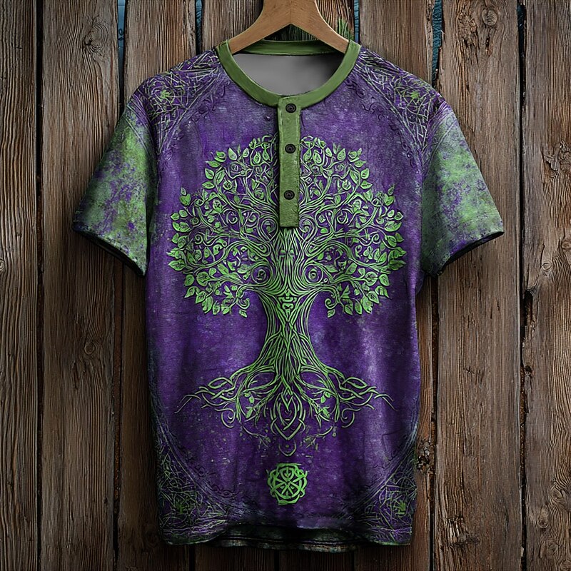 Men's Graphic Tree T Shirt Henley Shirt Short Sleeve Designer Retro Vintage Casual Street Casual Daily Summer Spring All Seasons Blue Purple Brown Henley Henley T-Shirt4