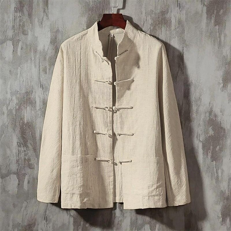 Men's Shirt Jacket Linen Jacket Shacket Vacation Daily Breathable Pocket Spring Fall Plain Fashion Classic Stand Collar Regular Black White Navy Blue Khaki Jacket3