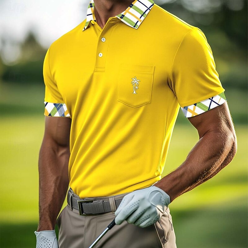 Men's Golf Shirt Pique Polo Shirt Business Casual Ribbed Polo Collar Short Sleeve Fashion Basic Plaid Color Block Buttons Logo Summer Spring Spring &  Fall Regular Fit Yellow Dark Blue Green Golf2