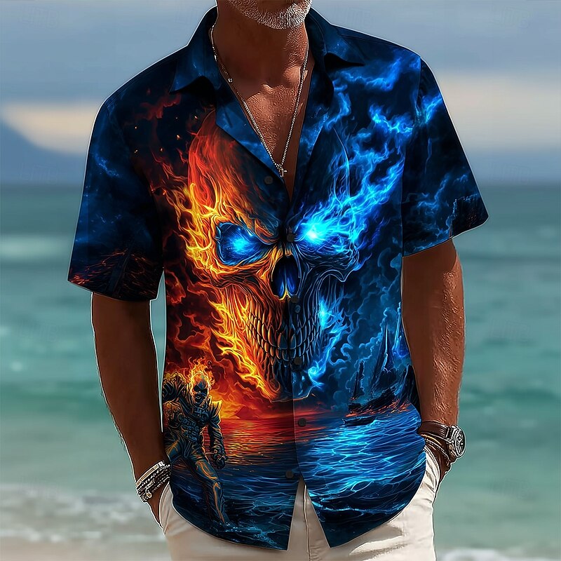 Men's Skull Flame Halloween Costumes Shirt Cuban Collar Shirt Button Up Shirt Short Sleeve Dark Punk Gothic Style Holiday Streetwear Summer Camp Collar Shirt 3D Print Blue 2# Blue 1# Dark Blue2
