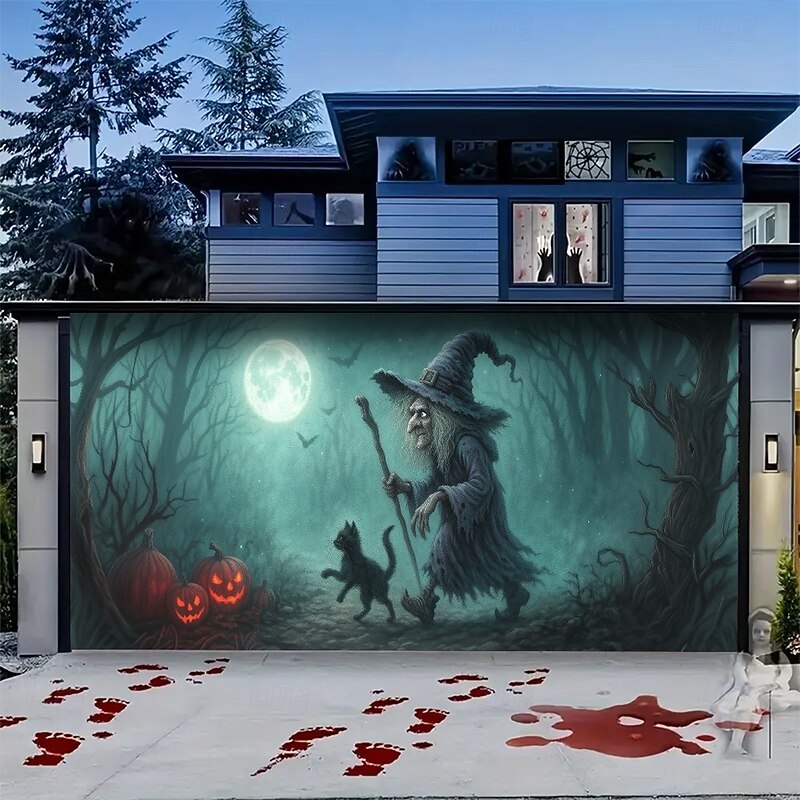 Halloween Garage Door Cover Witch Flying Under Full Moon Banner, Large Tapestry Backdrop Decoration for Holiday Outdoor Garage Door and Home Wall, 2025 Halloween Decorations2