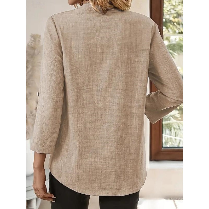 Women's Shirts Solid Color Stylish Casual Long Sleeve V Neck Regular Tops Daily Buttons Blue Purple Green Khaki Beige Summer Spring4