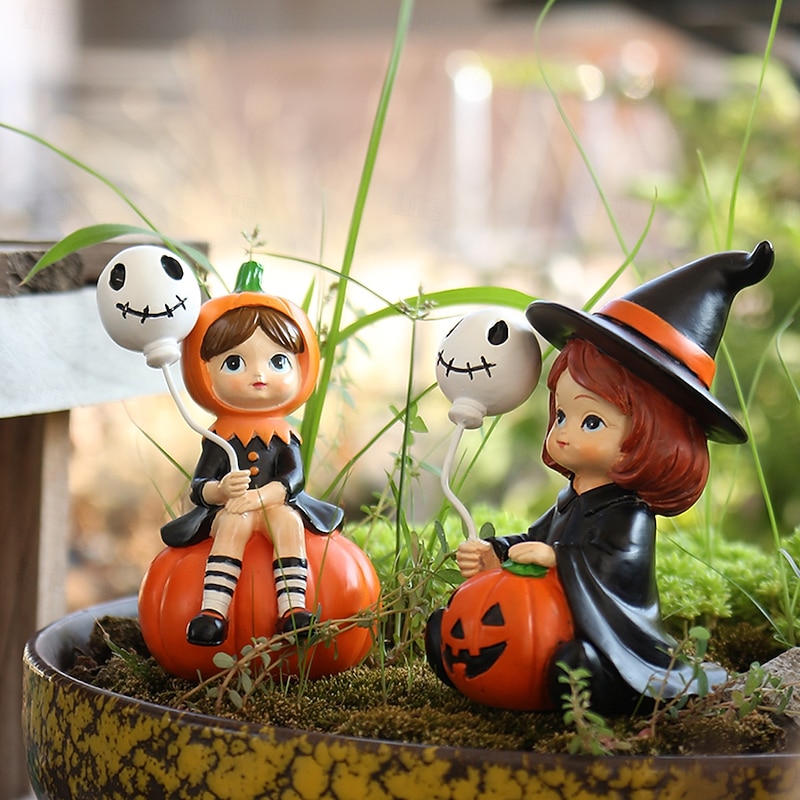 2PCS Halloween Resin Skeleton with Balloon and Witch Figurines Set, Outdoor Yard Planter Decor, Spooky Halloween Desktop and Home Decorations