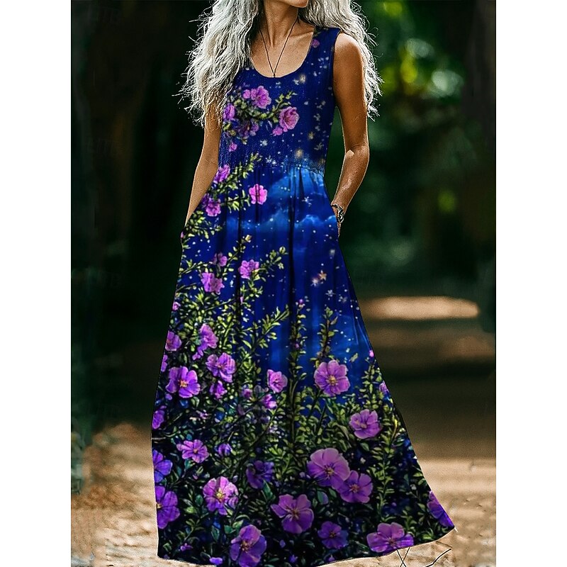 Women's Boho Floral Art Print Vintage Dress Vacation Casual Going out Beach Regular Fit Floral Graphic Sleeveless U Neck Pink Wine Light Brown Blue Summer Spring