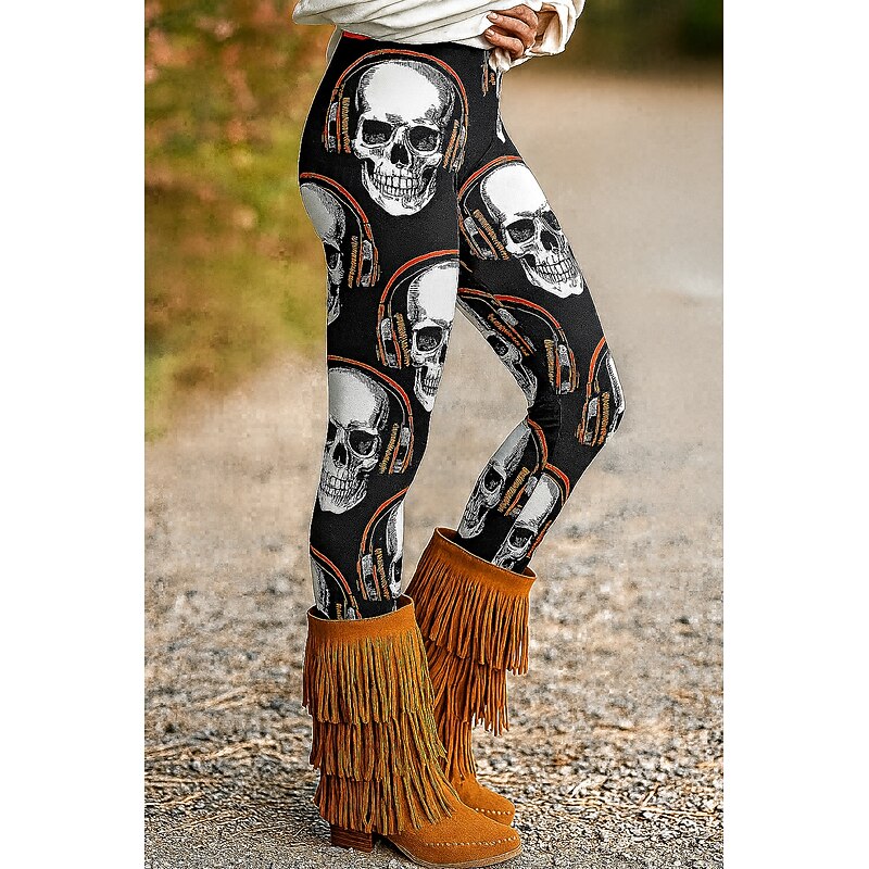 Women's Leggings Vacation Vintage Ethnic Style Ankle-Length High WaistPantsHalloween Skull 3D Print Quick Dry Breathability Soft Stretchy Formal Outdoor Vacation Red Purple Orange Green Fall Regular4