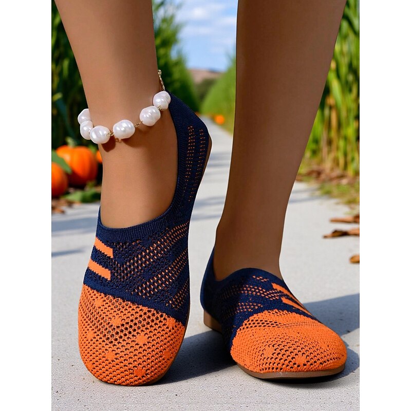 Women's Orange Flyknit Flats – Breathable Slip-On Shoes for Halloween, Fall Festivals and Casual Daily Looks2