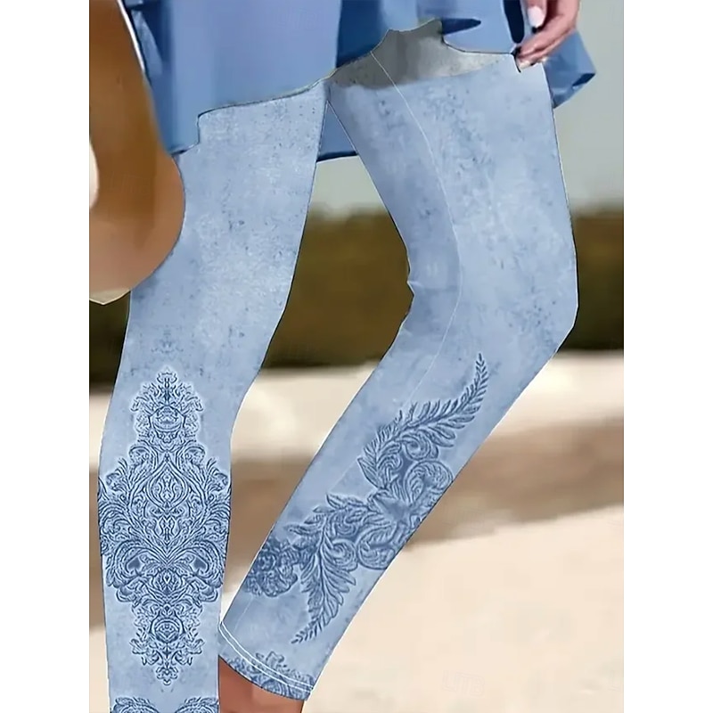 Women's Leggings Vacation Vintage Fashion Ankle-Length High Waist Graphic Paisley Flower / Floral Printing Soft Breathable Stretchy Outdoor Vacation Street Light Sky Blue Spring Fall Winter Slim Fit2