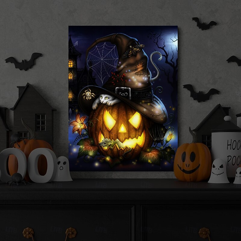Halloween LED Canvas Wall Art A Spooktacular Night by Sarah Richter LED Lighted Up Wall Decor 2AA Battery Operated Lighted Canvas Print LED Light Kitchen Bedroom or Home Decor Waterfall4