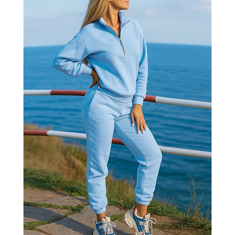 Women's Tracksuit Sweatpants Pullover Sweatshirt Quarter Zipper Solid Colored Clothing Suit Fall & Winter White Blue Hiking Workout Athletic Thermal Warm Windproof Lightweight Long Sleeve Sport3
