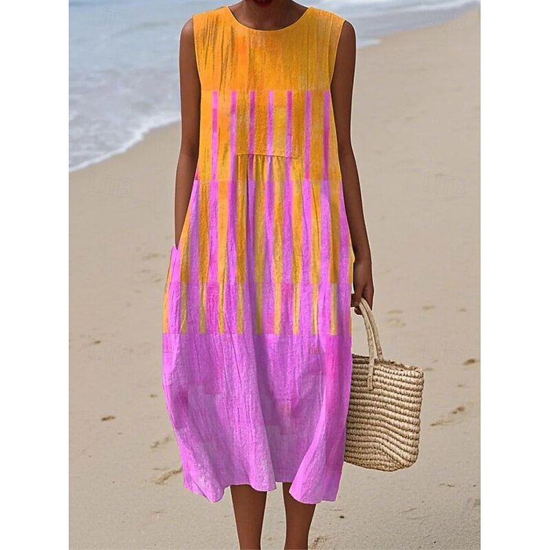 Women's Midi Dress Sundress Vacation Casual Boho Party Beach Loose Fit Geometric Sleeveless Crewneck Pink Red Blue Orange Summer Spring2