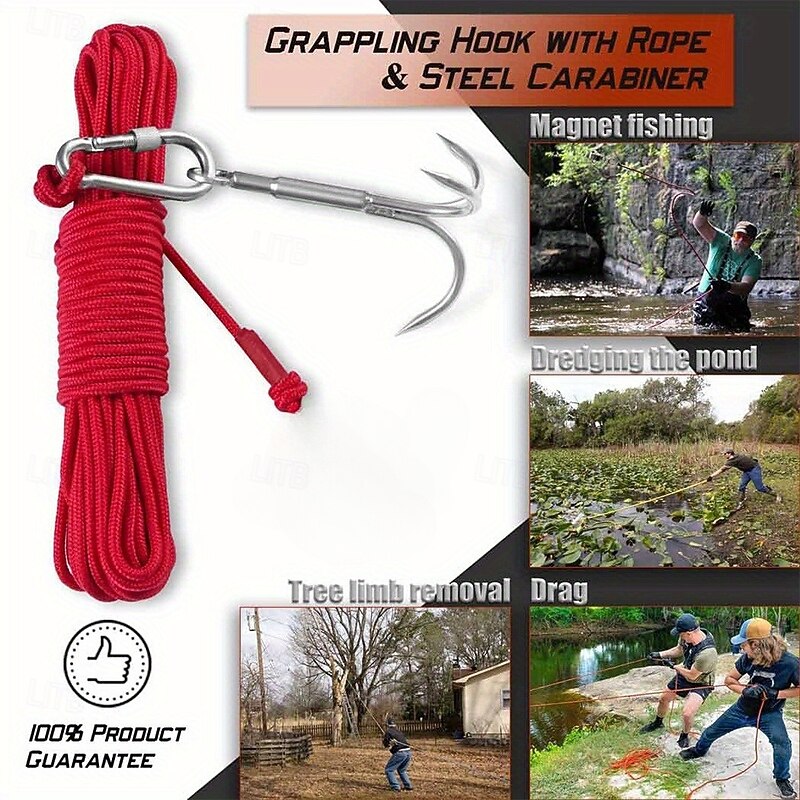 1pc Grappling Hook With 32.8FT Nylon Rope - Heavy-Duty Gear For Magnet Fishing Tree Limb Removal Includes Double Carabiner For Maximum Versatility