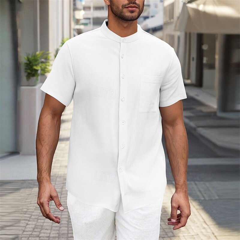 Men's Shirt Summer Shirt Casual Shirt Beach Shirt Button Up Shirt Black White Sky Blue Gray Short Sleeve Plain Band Collar Vacation Hawaiian Pocket Clothing Apparel Polyester Fashion Casual