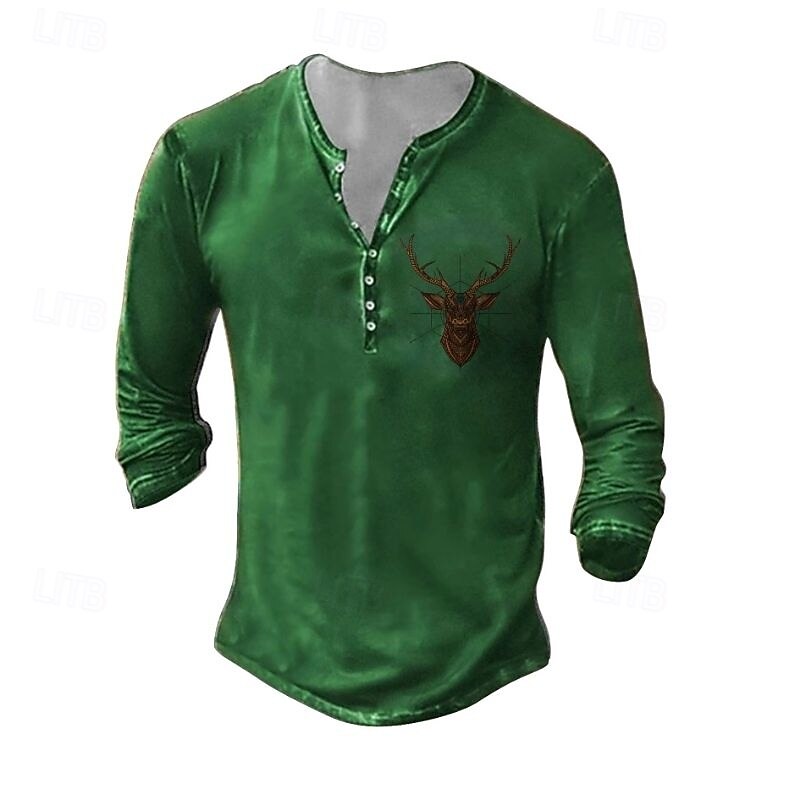 Men's Henley Shirt Tee Tee Top Long Sleeve Shirt Long Sleeve Henley Summer Fall Pattern Deer Fashion Designer Fashion Vintage Vacation Street Going out Dark Grey Black White Top Tee for Men