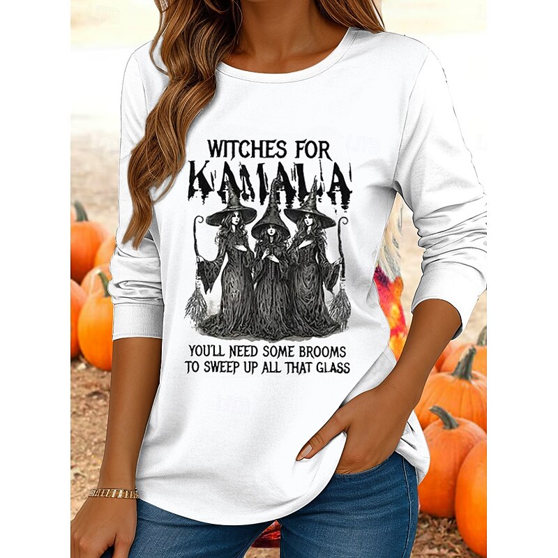 Halloween Women's T shirt Witch Crew Neck Long Sleeve Tunic Graphic Skull Vintage Stylish Classic Regular Tops Daily Print White Blue Purple Orange Green Fall