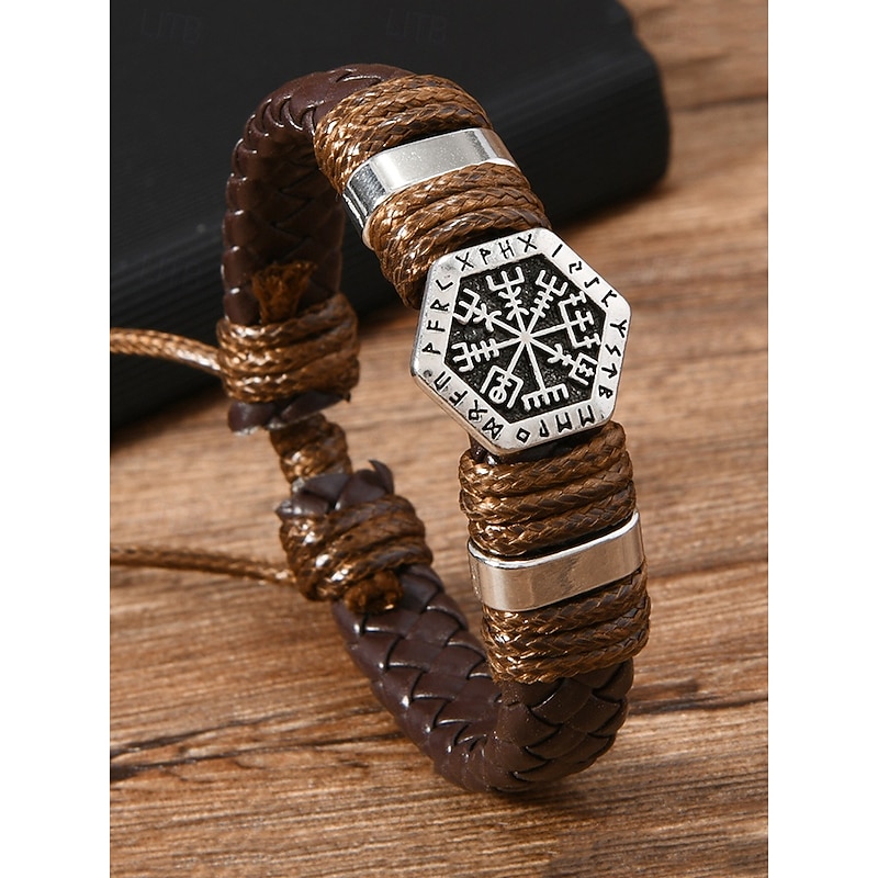 Men's Viking Rune Faux Leather Bracelet with Vegvisir Symbol – Adjustable Norse Style Woven Cuff for Men, Ideal for Gifting, Casual Outfits and Festivals - Main Image