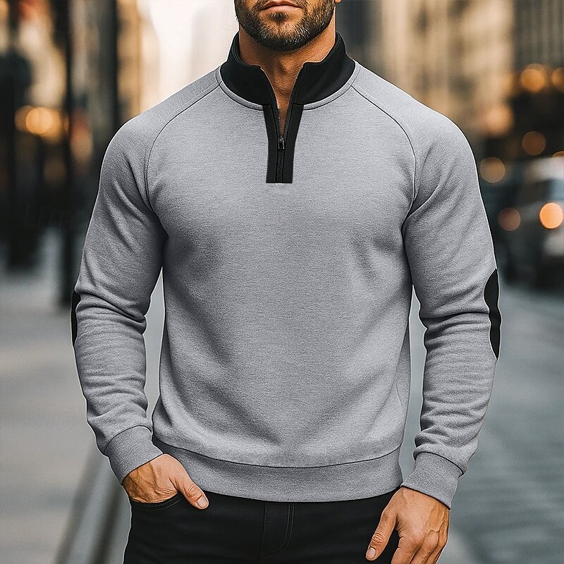 Men's Sweatshirt Quarter Zip Sweatshirt Black Navy Blue Camel Light Grey Dark Gray High Neck Plain Patchwork Sports & Outdoor Casual Daily Streetwear Cool Designer Spring &  Fall Clothing Apparel3