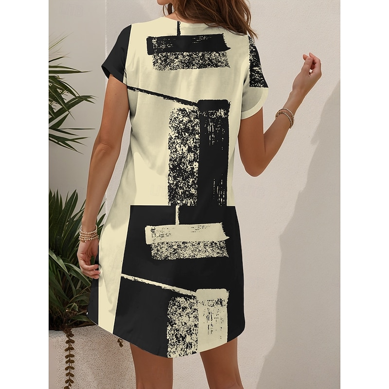 Women's Mini Dress Knit Dress Casual Dress T Shirt Dress Tee Dress Sundress Vacation Casual Regular Fit Graphic Geometric Abstract Short Sleeve V Neck Black And White Champagne Red Blue Summer Spring2
