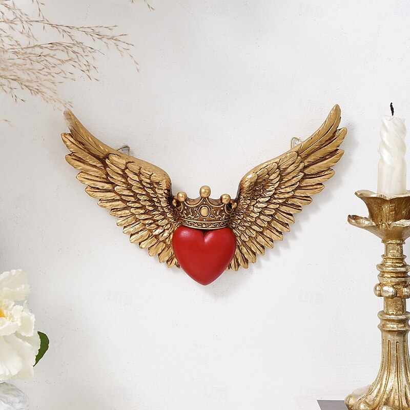 Resin Wall Decor with Crown, Red Heart, and Wings Design, Handmade ABS Resin Hanging Ornament for Living Room, Study, Shop, Party, and Holiday Celebration Decorations4