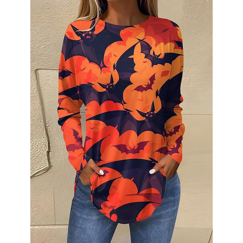 Halloween Women's T shirt Bat Graphic Vintage Fashion Stylish Long Sleeve Crew Neck Regular Tops Weekend Print Blue Purple Orange Fall2