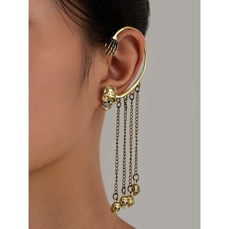 Women's Halloween Skeleton Skull Drop Earrings Set – Gothic Punk Ear Cuffs with Dangling Chains for Costume Party & Cosplay4
