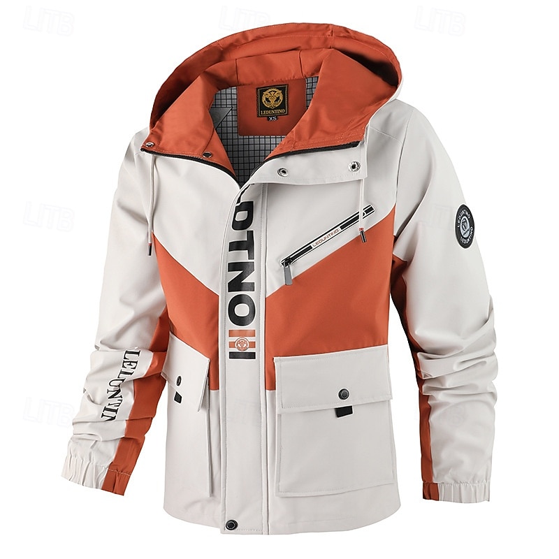 Men's Outdoor Jacket Casual Jacket Vacation Daily Windproof Warm Pocket Fall Winter Color Block Letter Fashion Classic Hooded Regular White Dark Gray Jacket2