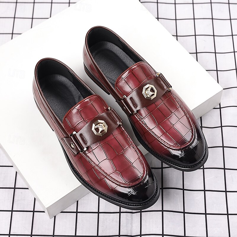 Men's Burgundy Crocodile Embossed Faux Leather Loafers – Decorative Metal Buckle Dress Shoes for Businessmen, Formal Events and Banquets2