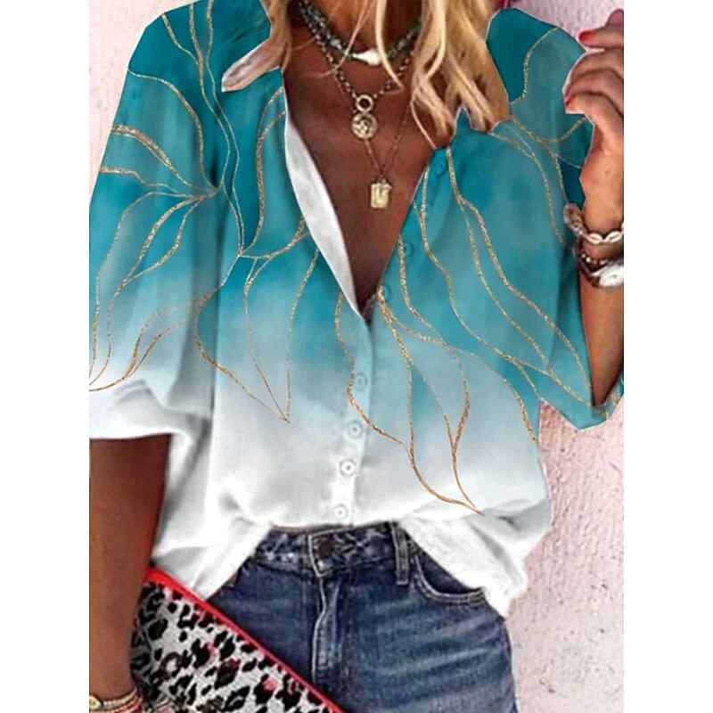 Women's Summer Tops Floral Graphic 3D Bohemia Vintage Daily 3/4 Length Sleeve V Neck Regular Tops Daily Holiday Beach Wear Print Light Green Blue Rainbow Summer Spring Fall2