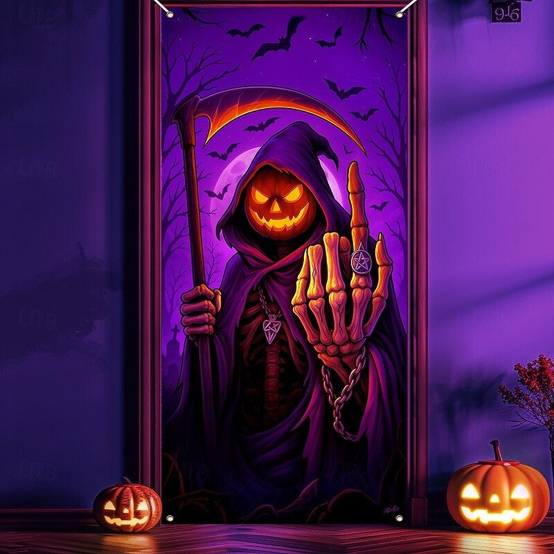 Halloween Door Cover Neon Pumpkin Head Grim Reaper Banner, Glowing Blacklight Entrance Decoration for Outdoor & Indoor 2025 Halloween Bedroom, Living Room, Bathroom
