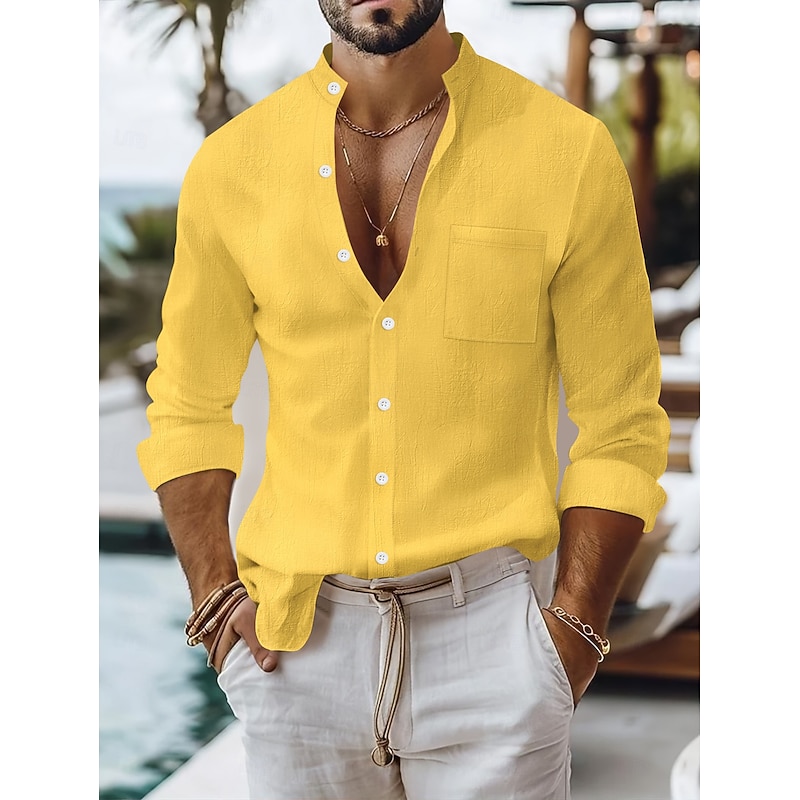 Men's Shirt Linen Shirt Summer Shirt Beach Wear Button Up Shirt Plain Vacation Daily Black White Yellow Navy Blue Long Sleeve Band Collar Summer Spring & Summer Clothing Apparel Pocket