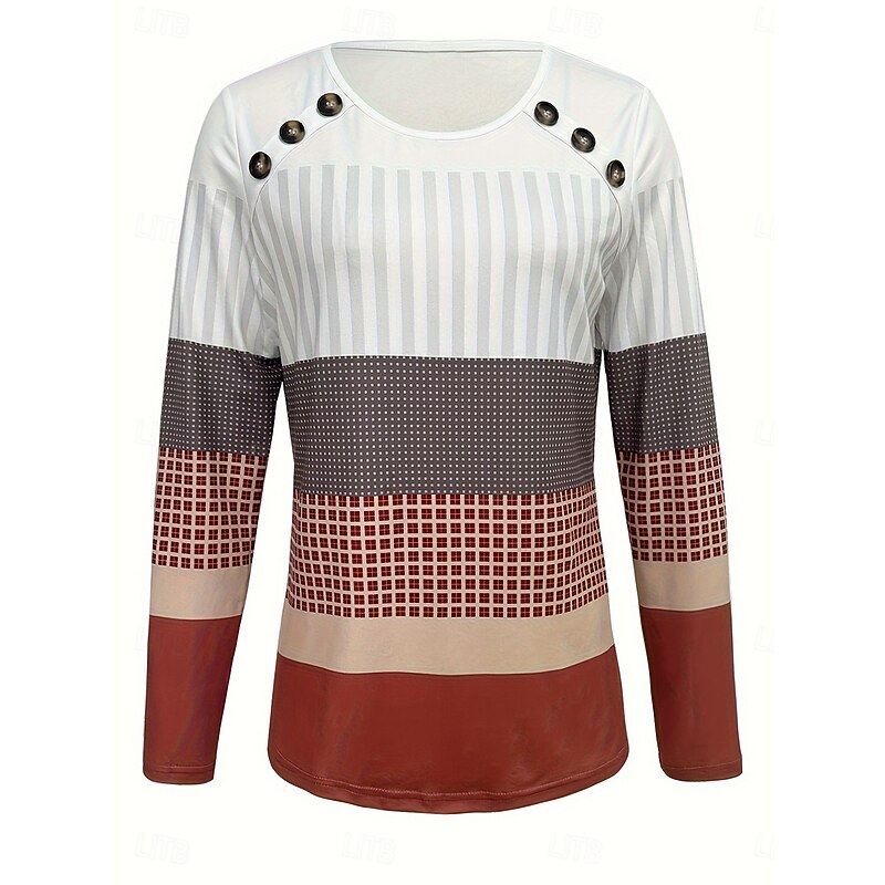 Women's Sweatshirts Graphic Geometric Striped Vintage Classic Casual Long Sleeve Crew Neck Regular Tops Buttons Print White Wine Blue Purple Brown Spring Fall Winter3