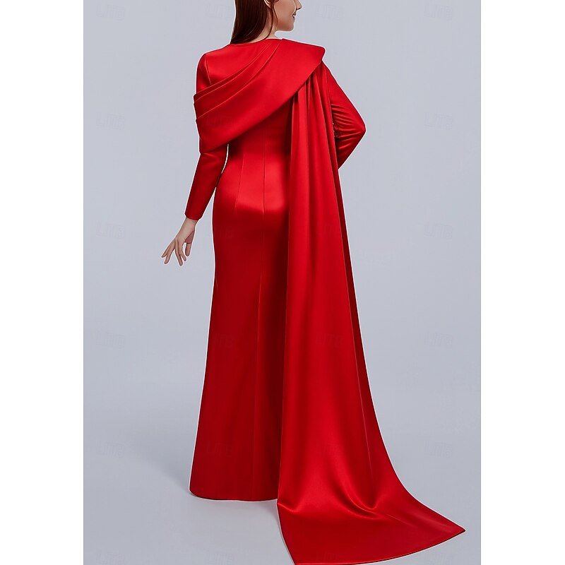 Red Cape Stretch Satin Mermaid / Trumpet Evening Gown Elegant Dress Formal Wedding Floor Length Long Sleeve Queen Anne with Pleats Shawl2