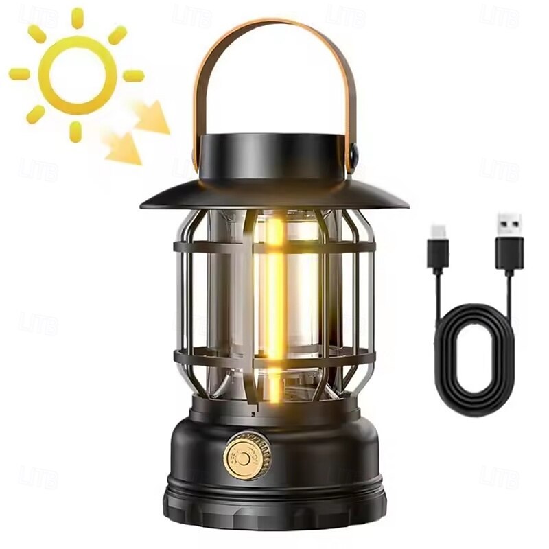 Solar Camping Lantern USB Rechargeable Retro Dimmable Camping Lamp Waterproof Portable Tent Light for Indoor Outdoor Hiking Emergency Black3