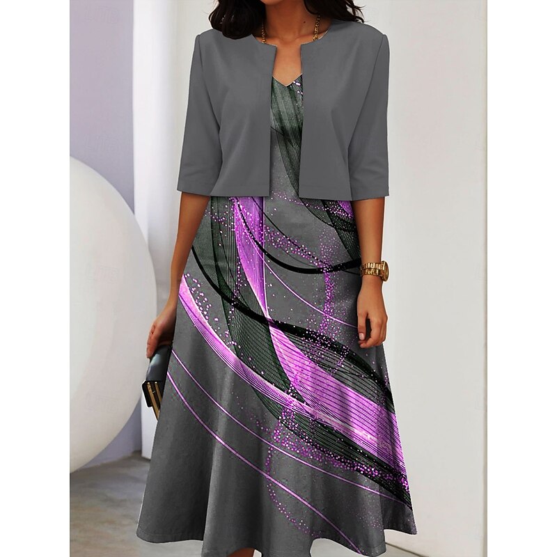 Women's Two Piece Dress Sets Midi Dress with Jacket Elegant A Line Dress Half Sleeve Casual Semi Formal Ombre Graphic Print V Neck Formal Yellow Blue Purple Spring Fall Regular Fit2