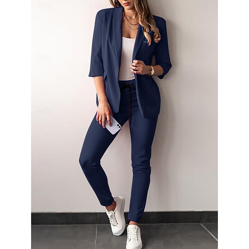 Women's Fashion Formal Blazer Suits Half Sleeve Solid Color Drawstring Work Business Dark Grey Black Dusty Rose Spring &  Fall Regular Fit2