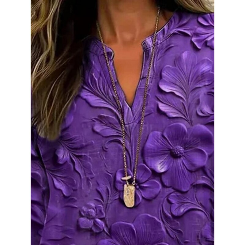 Women's Shirt Floral Daily Casual Long Sleeve V Neck Regular Tops Daily Holiday Buttons Print Purple Spring Fall3