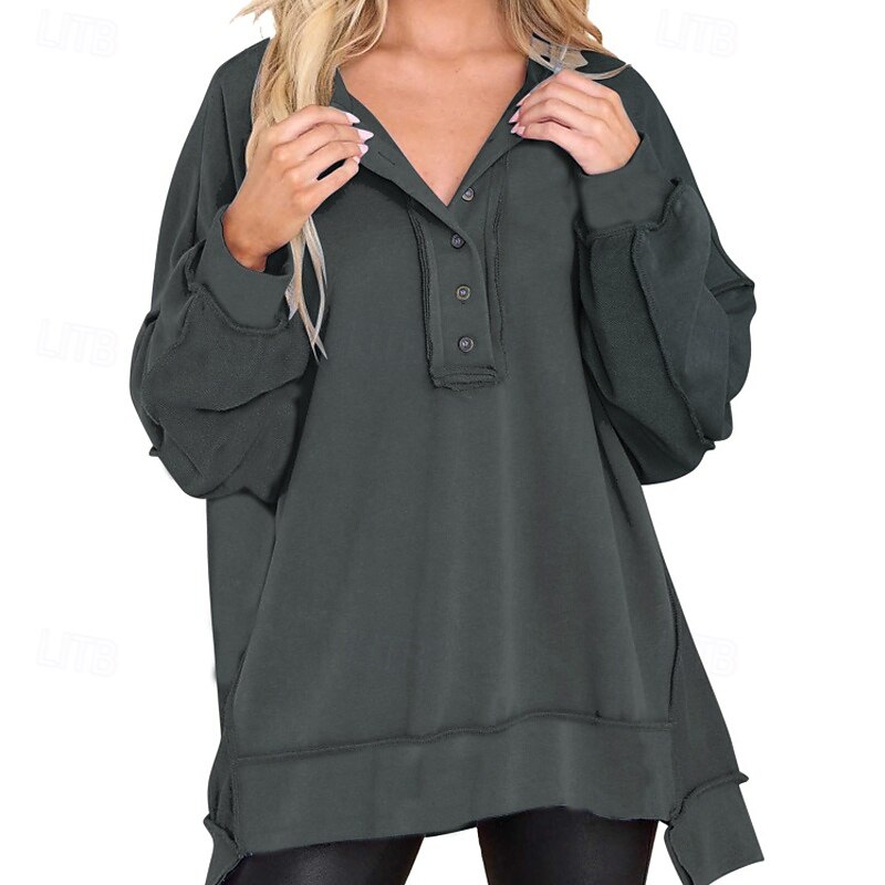 Women's Pullover Sweatshirt Plain Streetwear Casual Long Sleeve V Neck Regular Tops Holiday Going out Buttons Black White Pink Wine Blue Fall Winter3