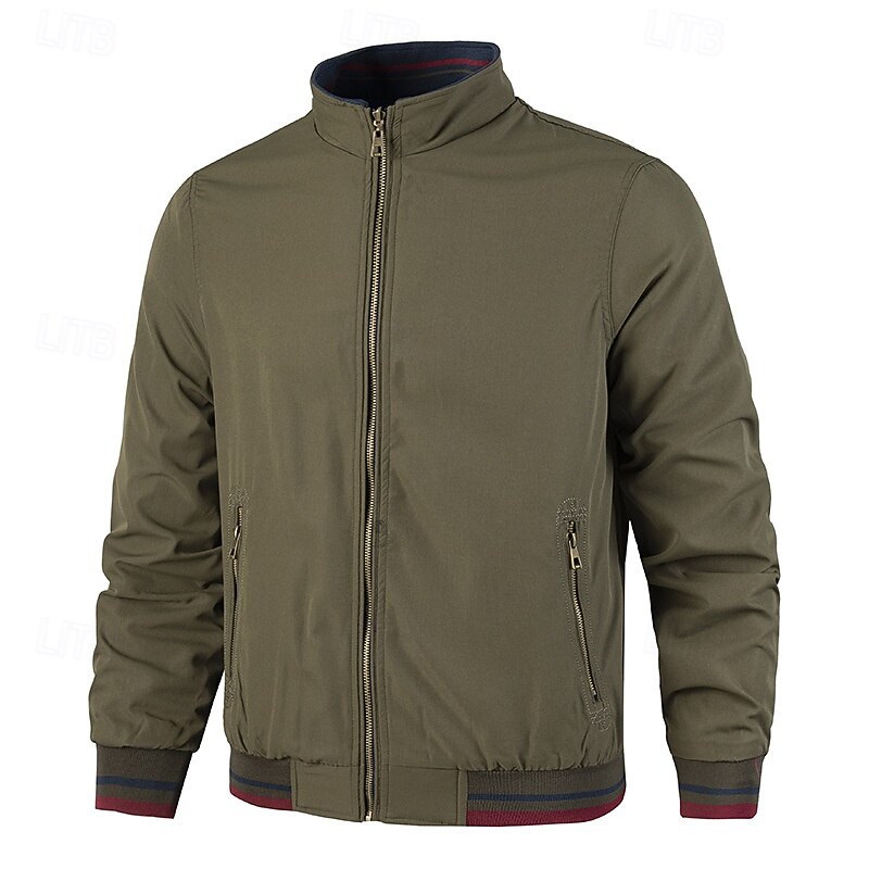Men's Lightweight Jacket Casual Jacket Vacation Daily Breathable Pocket Spring Fall Plain Fashion Classic Stand Collar Regular Black Khaki Army Green Jacket