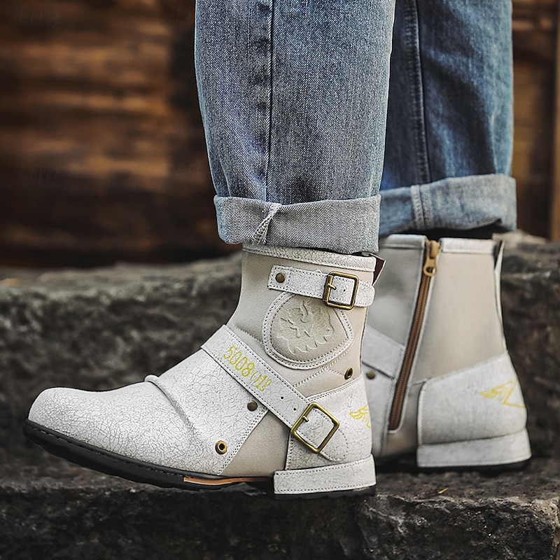 Men's White Faux Leather Moto Ankle Boots with Buckle Straps – Punk Style Fashion Boots for Parties and Streetwear