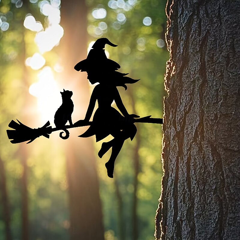 1pc Enchanting Witch & Cat Garden Decor - Durable Iron Yard Art with Flying Broomstick Perfect for Halloween & Outdoor Spaces Tree Stump Insert Outdoor Garden DecorSpooky Theme Decor2